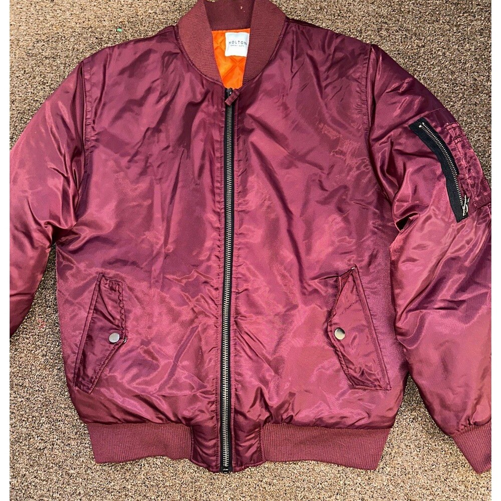 Holton Canvas + Cloth Mens XL Burgundy Bomber Jacket Orange Lined Full Zip